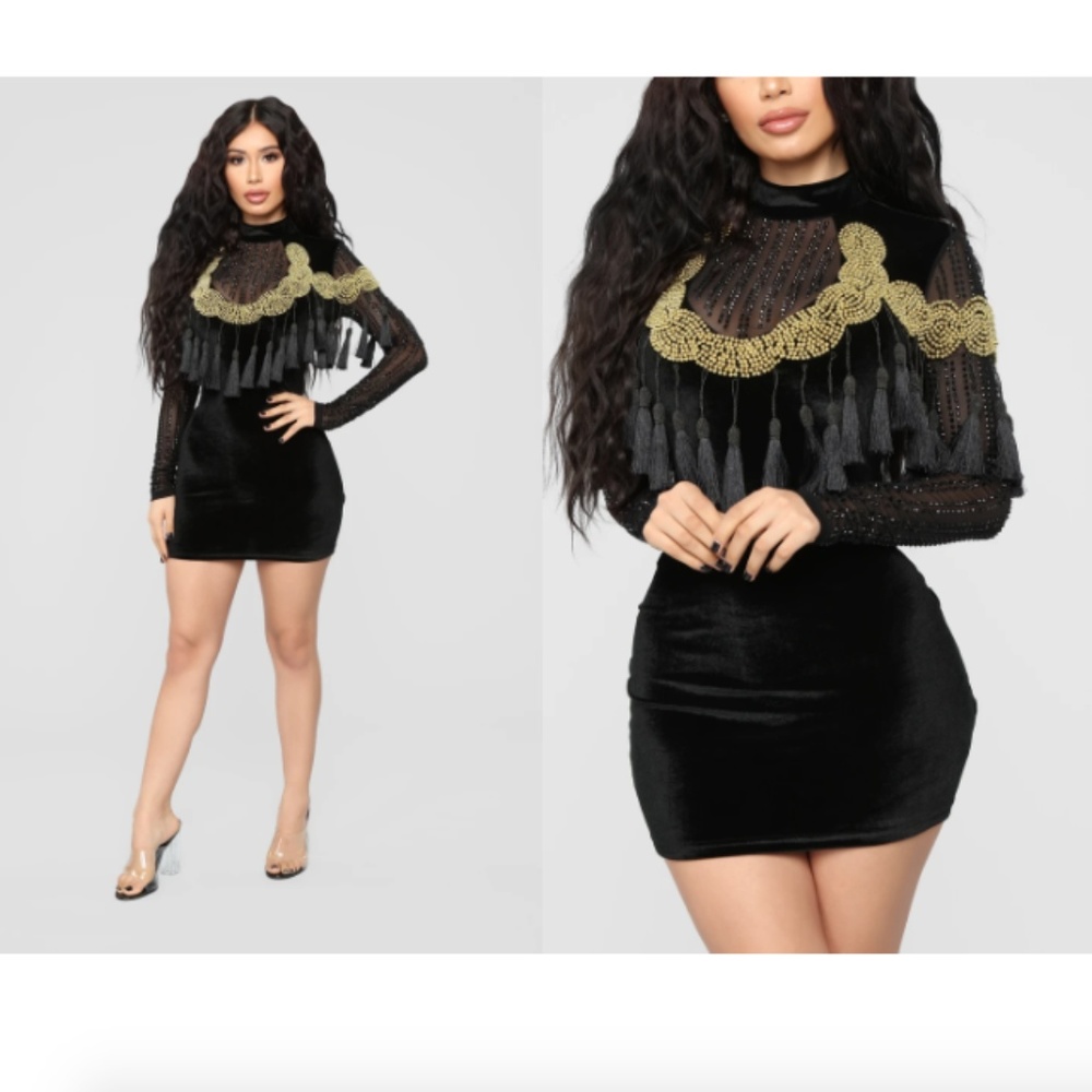 Tassle Front Velvet Little Black Dress - NWT